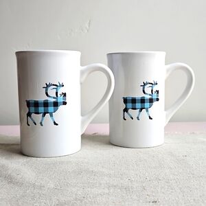 Caribou Coffee Blue Buffalo Plaid Logo Coffee Mug, Set of 2
